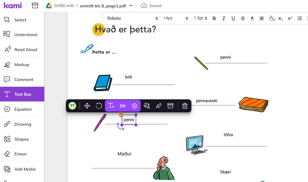 Skjámynd úr Kami þar sem unnið er með pdf útgáfu af námsbók. Myndin sýnir dæmi um hvernig hægt er að skrifa í vinnubók í tölvunni. 