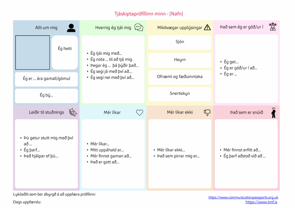 Dæmi um tjáskiptaprófíl þar sem A4 blaði, langsum, er skipt upp í 8 reiti með yfirskriftum eins og: Hvernig ég tjái mig, Mikilvægar upplýsingar, Leiðir til stuðnings, Mér líkar vel.. Mér líkar ekki... og fleira. 