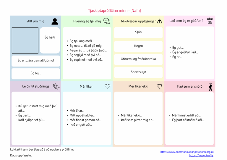 Dæmi um tjáskiptaprófíl þar sem A4 blaði, langsum, er skipt upp í 8 reiti með yfirskriftum eins og: Hvernig ég tjái mig, Mikilvægar upplýsingar, Leiðir til stuðnings, Mér líkar vel.. Mér líkar ekki... og fleira.
