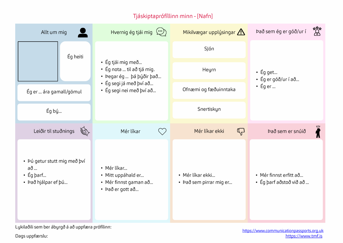 Dæmi um tjáskiptaprófíl þar sem A4 blaði, langsum, er skipt upp í 8 reiti með yfirskriftum eins og: Hvernig ég tjái mig, Mikilvægar upplýsingar, Leiðir til stuðnings, Mér líkar vel.. Mér líkar ekki... og fleira.