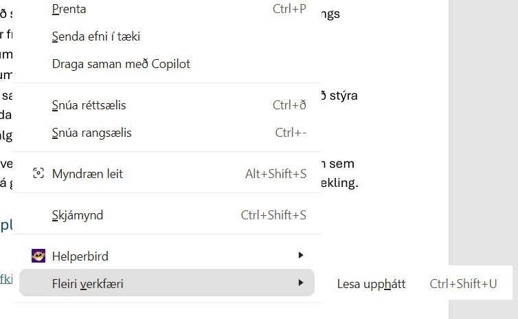 Mynd af valmynd sem birtist þegar hægri smellt er. Hér má sjá valmöguleikana: Fleiri verkfæri og Lesa upphátt. 
